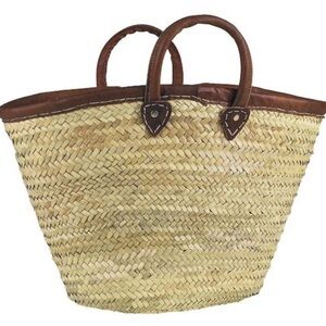 Straw Market Bag with Leather Handles Woven Tote Bag